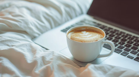 White coffee cup and laptop in close-up on morning bed, Ai Generated.の素材