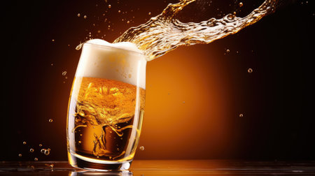 Pouring beer with froth in glass, front view, wave curve background. Ai Generated.の素材