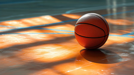 Aesthetic image of a basketball resting on the court floor. Artistic sports allure, Ai Generated.の素材