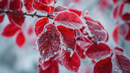 Frost-kissed leaves on a winter tree, a delicate dance of icy beauty unfolds, Ai Generated.の素材