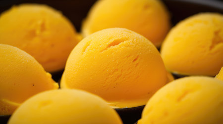 Dive into close-up perfection with luscious yellow mango ice cream balls. Ai Generated.の素材
