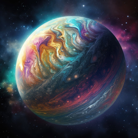 Swirling clouds paint beauty on a ringed planet. Ai Generated masterpiece.の素材
