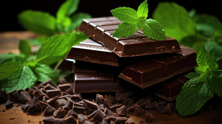 A tempting blend of dark chocolate, mint, and chocolate shavings on a green backdrop. Ai Generatedの素材