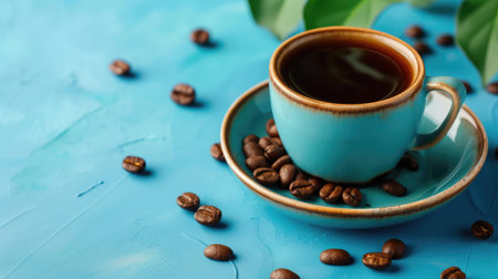 Coffee Cup surrounded by Beans against Blue Background, Ai Generatedの素材