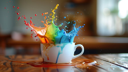 Vibrant rainbow explosion in coffee cup, a burst of colors. Ai Generated.の素材