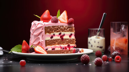 Picture-perfect food poster showcasing a tempting cake and its delicious slices. Ai Generatedの素材