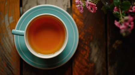 Enjoy a top view of a filled cup, perfect for tea time or cafe break. Ai Generated.の素材