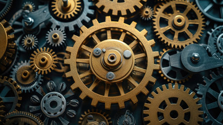 Metallic cogwheels encircle a central golden cogwheel, symbolizing unity and precision. Mechanical, Ai Generated.の素材