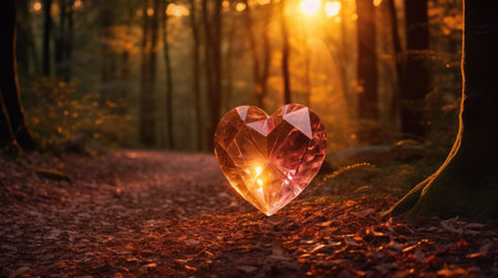 Crystal heart reflects the warm, golden tones of the sunset on a tranquil forest path. Ai Generatedの素材