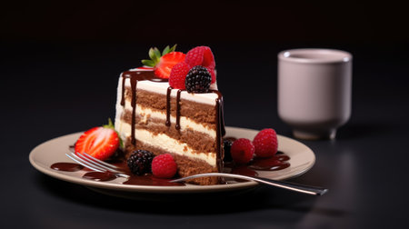 Picture-perfect food poster showcasing a tempting cake and its delicious slices. Ai Generatedの素材