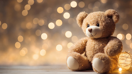 Teddy bear cozily situated with a background of shimmering bokeh lights. Ai Generatedの素材