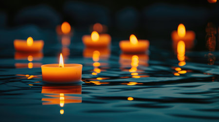 Candles aglow, floating gracefully in water, evoke a sense of calm and relaxation. Ai Generated.の素材
