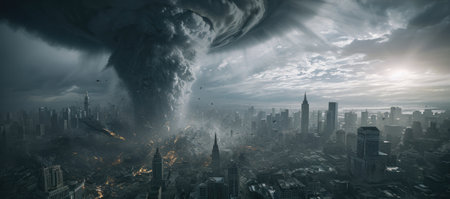 A colossal tornado engulfs the city, a storm's turbulent dance across the Earth, Ai Generated.の素材