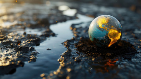 Experience the surreal image of an Earth globe atop a gasoline puddle, Ai Generatedの素材