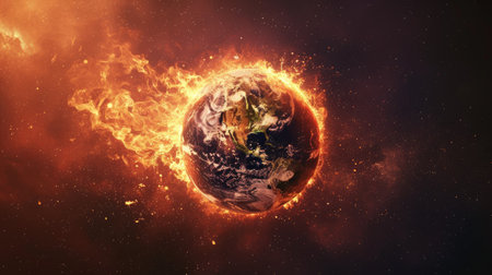 Witness the world ablaze, as global warming sets the Earth on fire. Space panorama. Ai Generatedの素材