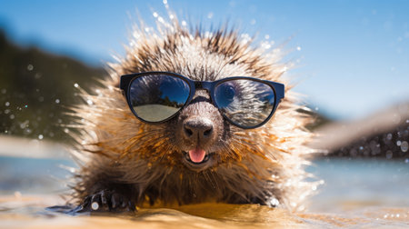 Unusual close-up captures a porcupine's seaside stroll, shades on for a spiky summer vibe, Ai Generated.の素材