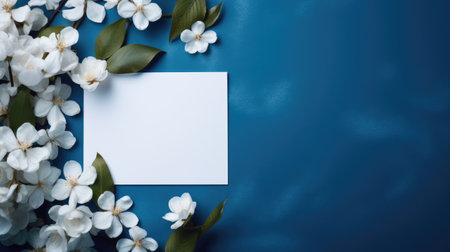 Elegantly presented invitation card in blue, adorned with white flowers. Ai Generatedの素材