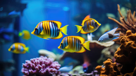 School of tropical fish displays vivid stripes swimming in synchronized formation, Ai Generated.の素材