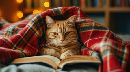 Cute cat finds a cozy spot atop a plaid-covered book, creating a delightful scene of comfort and charm, Ai Generated.の素材