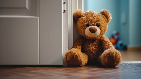 Experience the heartwarming surprise as a cute brown Teddy bear peeks from behind the door, Ai Generatedの素材