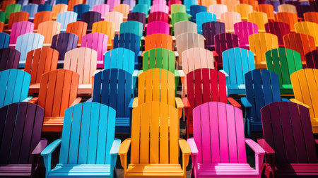 Array of chairs in radiant hues, a visual symphony of color, adding vibrancy to the seating arrangement, Ai Generated.の素材