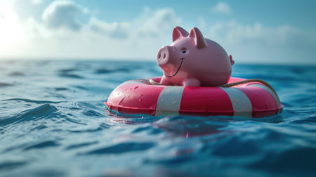 Piggy bank bravely floats in a buoy on the sea, symbolizing financial resilience against sinking, Ai Generated.の素材