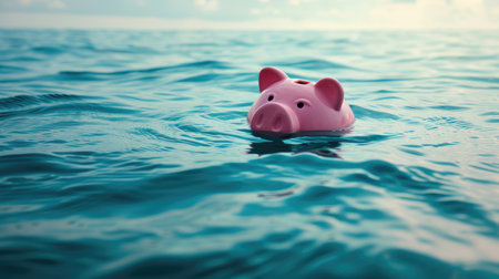 Piggy bank bravely floats in a buoy on the sea, symbolizing financial resilience against sinking, Ai Generated.の素材
