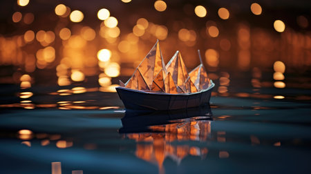 Origami sailboat glides on water at night, illuminated by captivating bokeh, a paper dream, Ai Generated.の素材