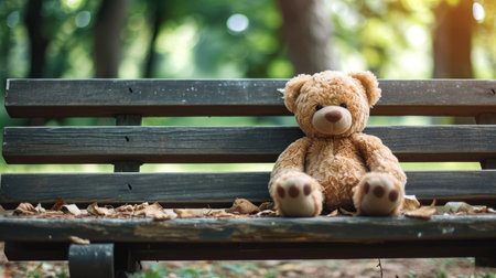 a teddy bear sits peacefully on a bench in the park, inviting companionship. Ai Generated.の素材