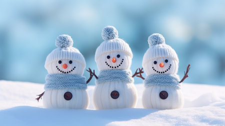 Adorable knitted snowmen sit atop fluffy snow against a tranquil blue background, capturing seasonal joy. Ai Generated.の素材