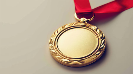 Detailed view of a blank gold medal with ribbon, symbolizing achievement and potential. Ai Generated.の素材