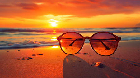 Atop golden sands, orange sunglasses capture the hues of a breathtaking sunset, Ai Generatedの素材