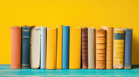 Many books neatly arranged on a wooden table against a pastel yellow background. Education, Ai Generated.の素材