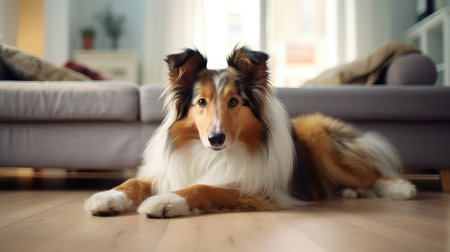 A charming Collie lounges on a pristine white living room rug. Ai Generated.の素材