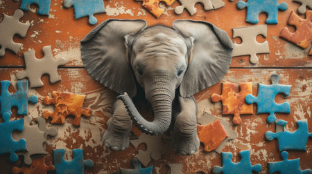 Adorable elephant enjoys puzzle play from a top view, showcasing intelligence with charm, Ai Generated.の素材