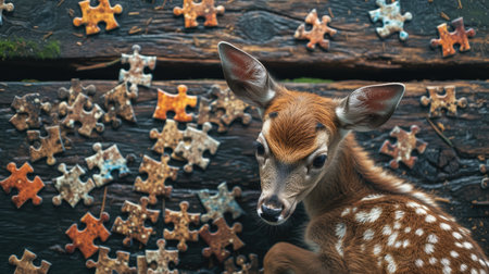 Adorable deer enjoys puzzle play from a top view, showcasing intelligence with charm, Ai Generated.の素材