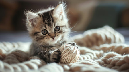 Watch as an adorable kitty engages in play with a delightful ball of yarn. Ai Generated.の素材