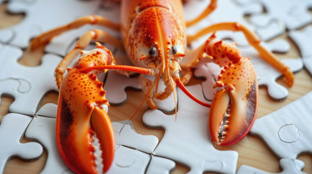 Adorable lobster enjoys puzzle play from a top view, showcasing intelligence with charm, Ai Generated.の素材