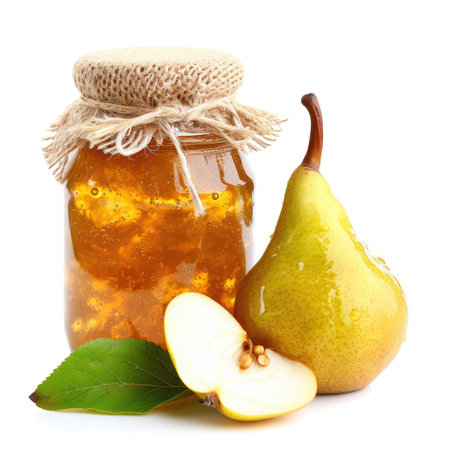 Explore the charm of pear marmalade in a jar, isolated on white. Ai Generated.の素材