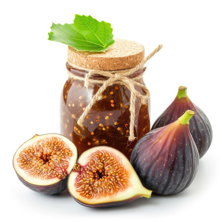 A jar of homemade fig jam with fresh figs, isolated on a pristine white background, Ai Generated.の素材