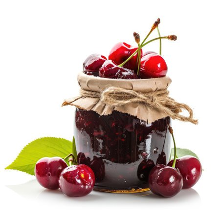 A jar of homemade cherry jam with fresh cherries, isolated on a pristine white background, Ai Generated.の素材
