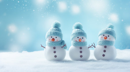 Adorable knitted snowmen sit atop fluffy snow against a tranquil blue background, capturing seasonal joy. Ai Generated.の素材