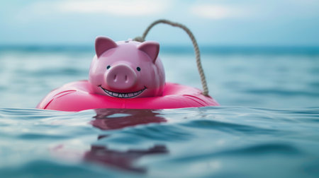 Piggy bank bravely floats in a buoy on the sea, symbolizing financial resilience against sinking, Ai Generated.の素材