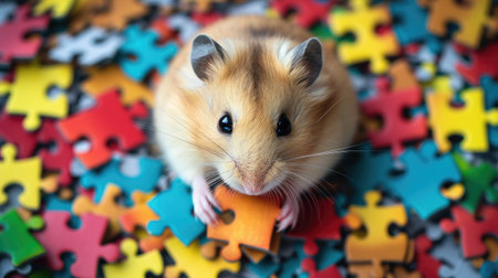 Adorable hamster enjoys puzzle play from a top view, showcasing intelligence with charm, Ai Generated.の素材
