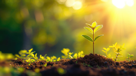 A panorama featuring a small tree growing in the sunrise, promoting a green world. Ai Generated.の素材