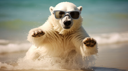 Striking close-up captures a polar bear's beach arrival, sunglasses adding a touch of Arctic flair, Ai Generated.の素材