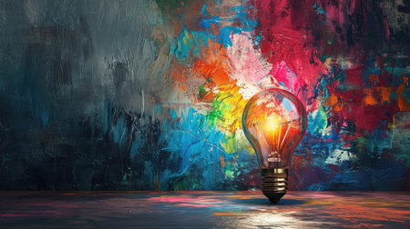 Illuminate your creativity with a vibrant liquid paint lightbulb shining on a dark canvas of imagination. Ai Generatedの素材