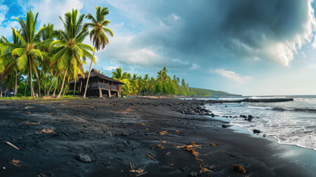 A panoramic view of a tropical volcanic beach with palm trees and a lone house. Ai Generated.の素材