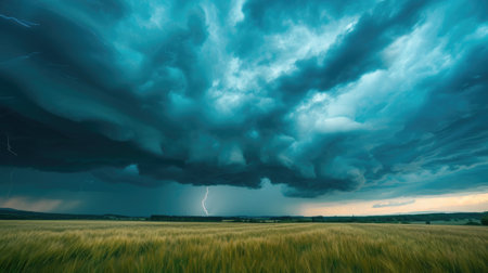 Atmospheric beauty as rainy clouds and lightning loom over a scenic rural landscape pre-storm. Ai Generated.の素材