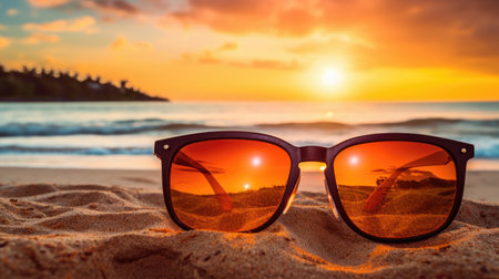 Atop golden sands, orange sunglasses capture the hues of a breathtaking sunset, Ai Generatedの素材